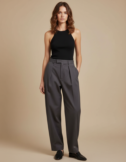 Pantalon Chino Gris Plissé Ample Femme Élégant - Gabardine