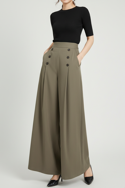 Pantalon Chino Vert Kaki Ample Boutons Fluide - Polyester