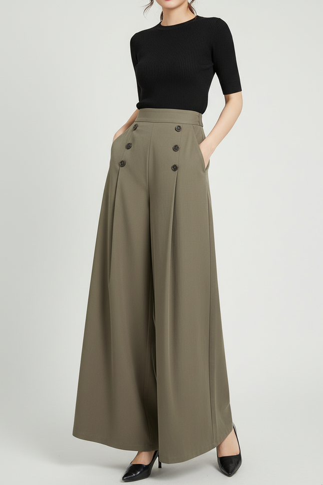 Pantalon Chino Vert Kaki Ample Boutons Fluide - Polyester