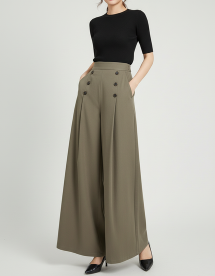 Pantalon Chino Vert Kaki Ample Boutons Fluide - Polyester