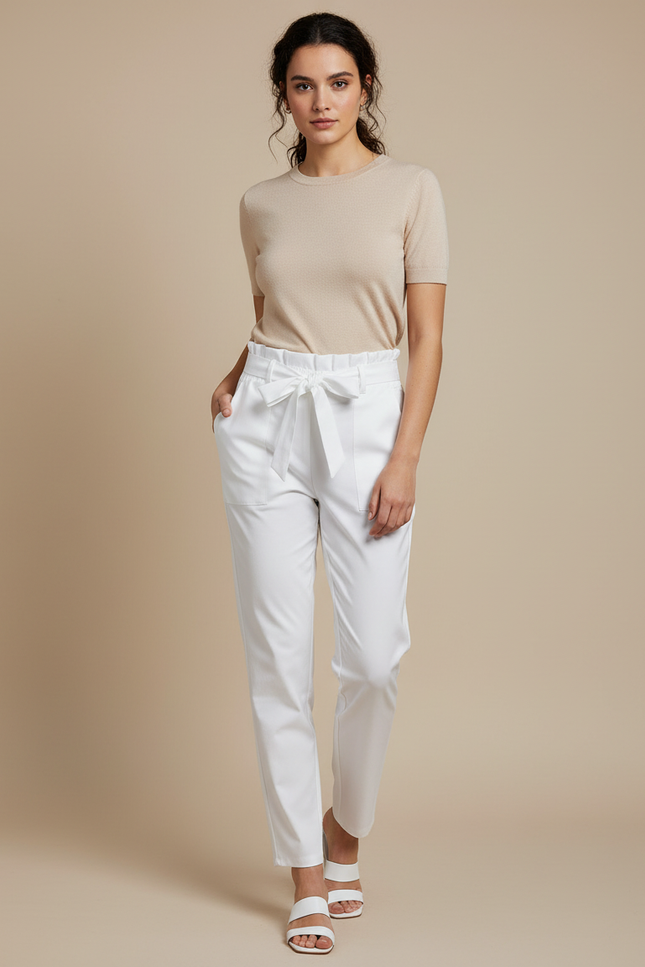 Pantalon Chino Blanc Taille Haute Ceinturé Slim Femme - Polyester