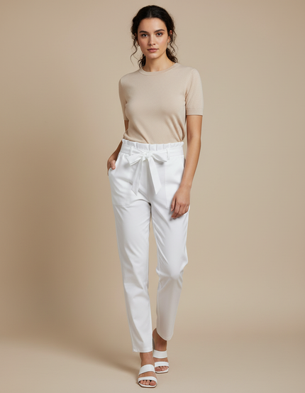 Pantalon Chino Blanc Taille Haute Ceinturé Slim Femme - Polyester