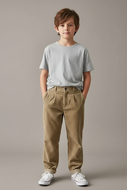 Pantalon Chino Côtelé Marron Ample Enfant - Camel Cordé