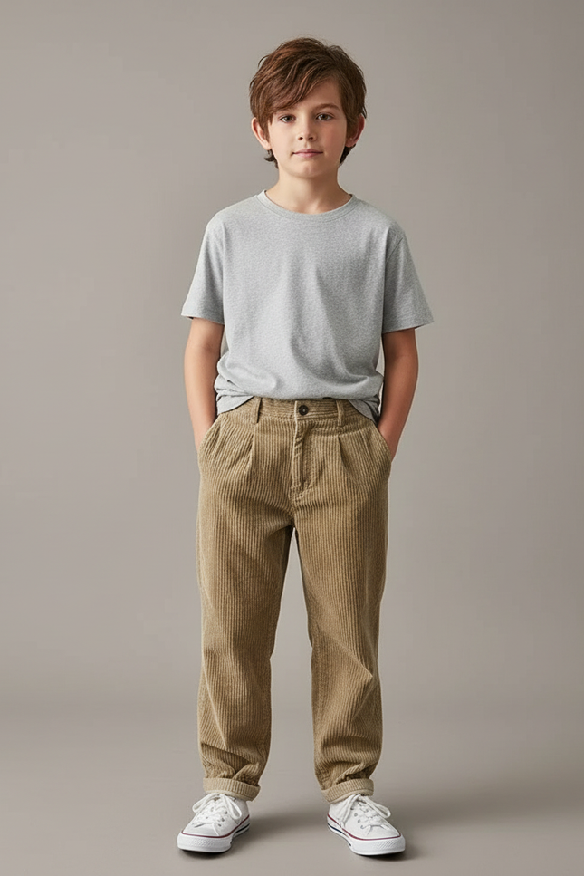 Pantalon Chino Côtelé Marron Ample Enfant - Camel Cordé