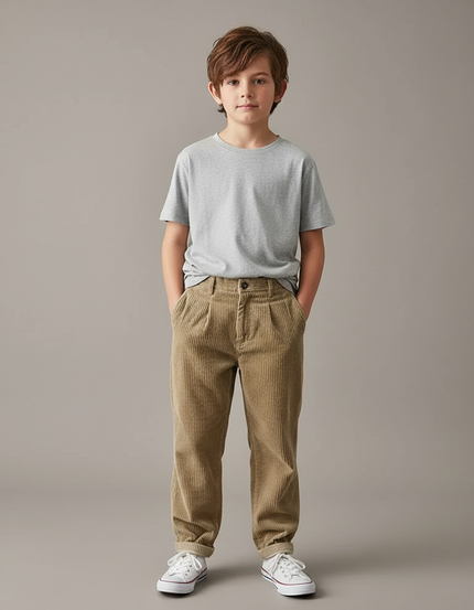 Pantalon Chino Côtelé Marron Ample Enfant - Camel Cordé