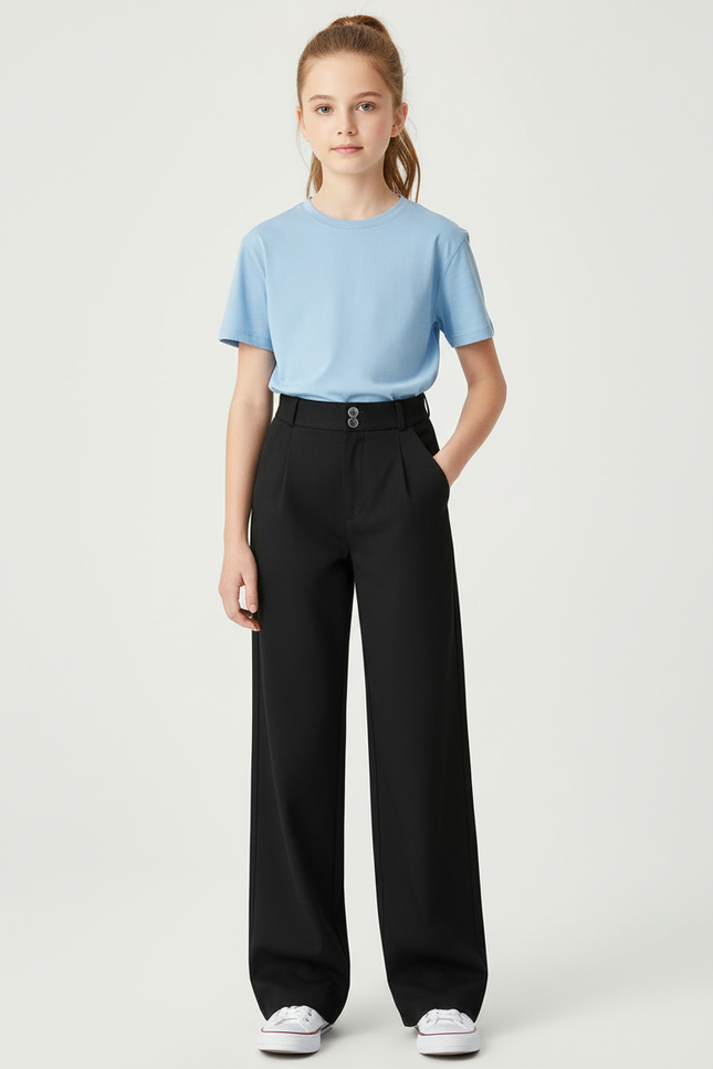 Pantalon Chino Noir Ample Droit Élégant Fille - Gabardine