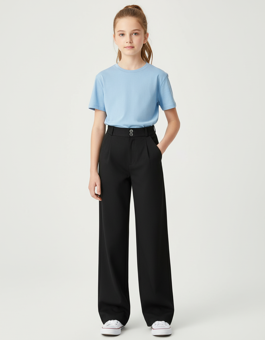 Pantalon Chino Noir Ample Droit Élégant Fille - Gabardine