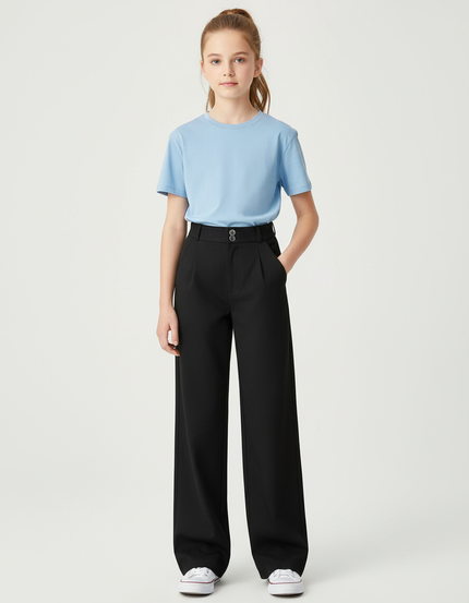 Pantalon Chino Noir Ample Droit Élégant Fille - Gabardine