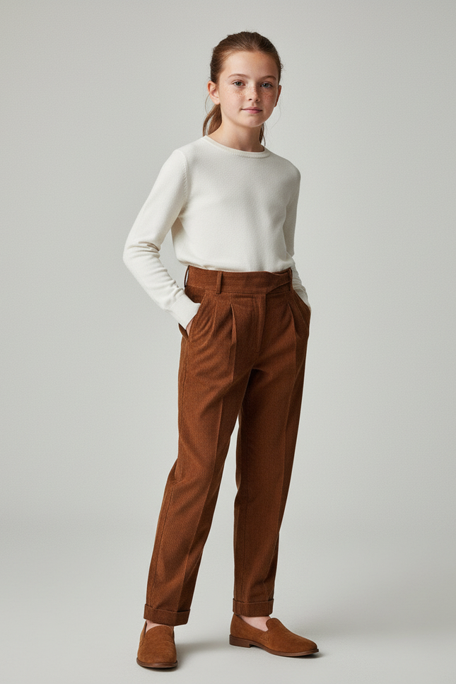 Pantalon Chino Marron Côtelé Plissé Ample Fille - Cordé