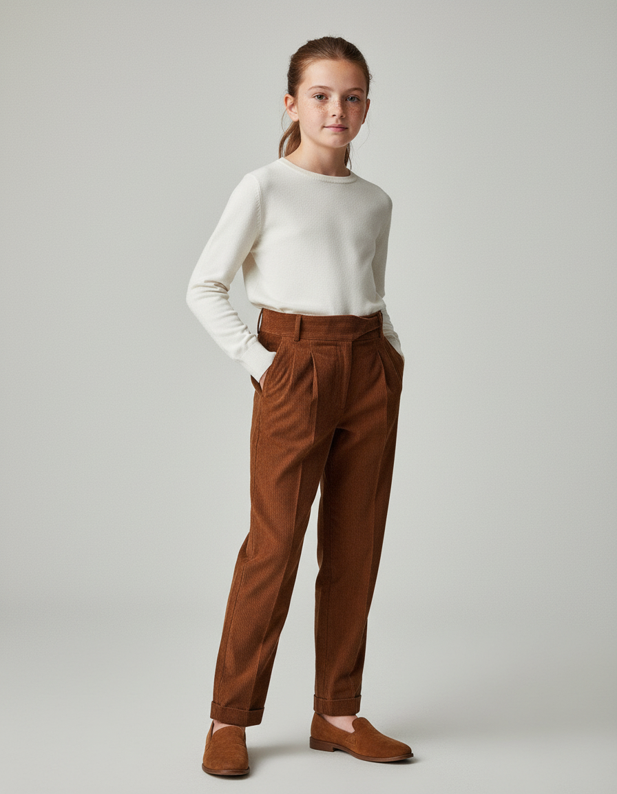 Pantalon Chino Marron Côtelé Plissé Ample Fille - Cordé