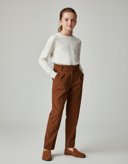 Pantalon Chino Marron Côtelé Plissé Ample Fille - Cordé