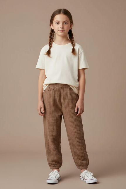 Pantalon Chino Marron Ample Texturé Enfant Décontracté - Coton