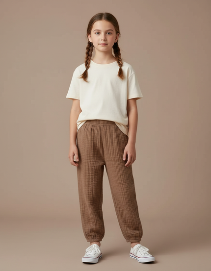 Pantalon Chino Marron Ample Texturé Enfant Décontracté - Coton