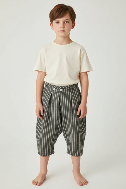 Pantalon Chino Rayé Plissé Coton Décontracté Garçon - Gris