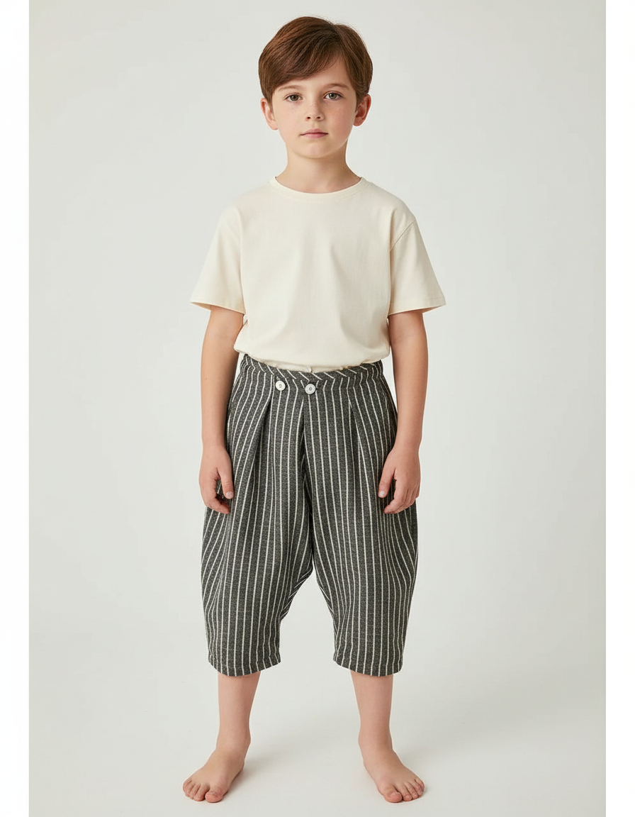 Pantalon Chino Rayé Plissé Coton Décontracté Garçon - Gris