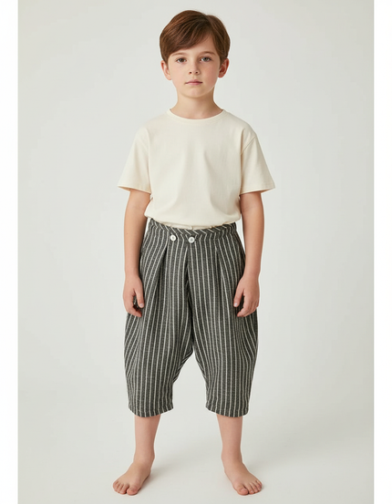 Pantalon Chino Rayé Plissé Coton Décontracté Garçon - Gris