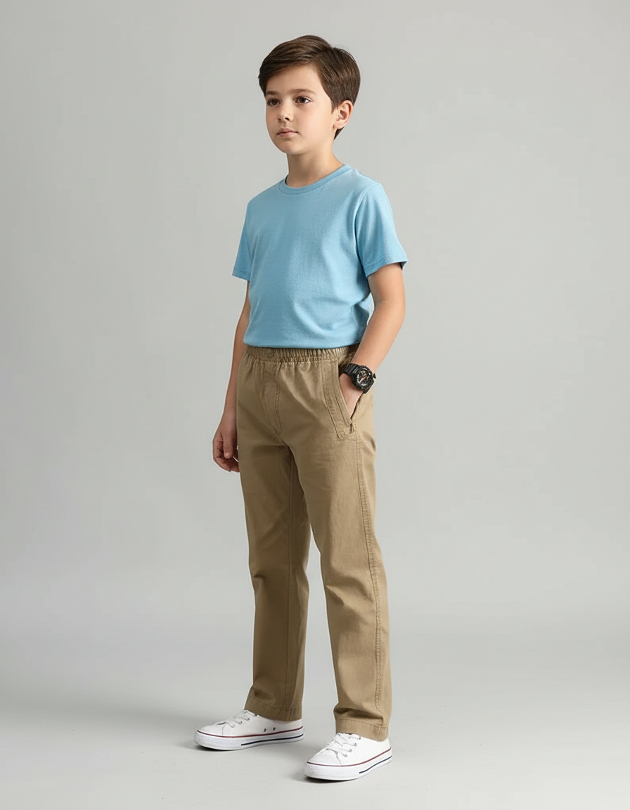 Pantalon Chino Kaki Coton Décontracté Elastique Garçon