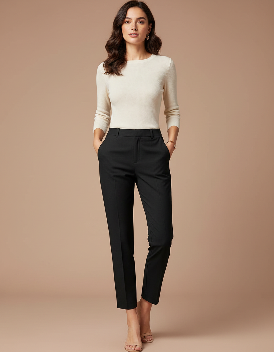 Pantalon Chino Noir Slim Femme Élégant Court - Polyester