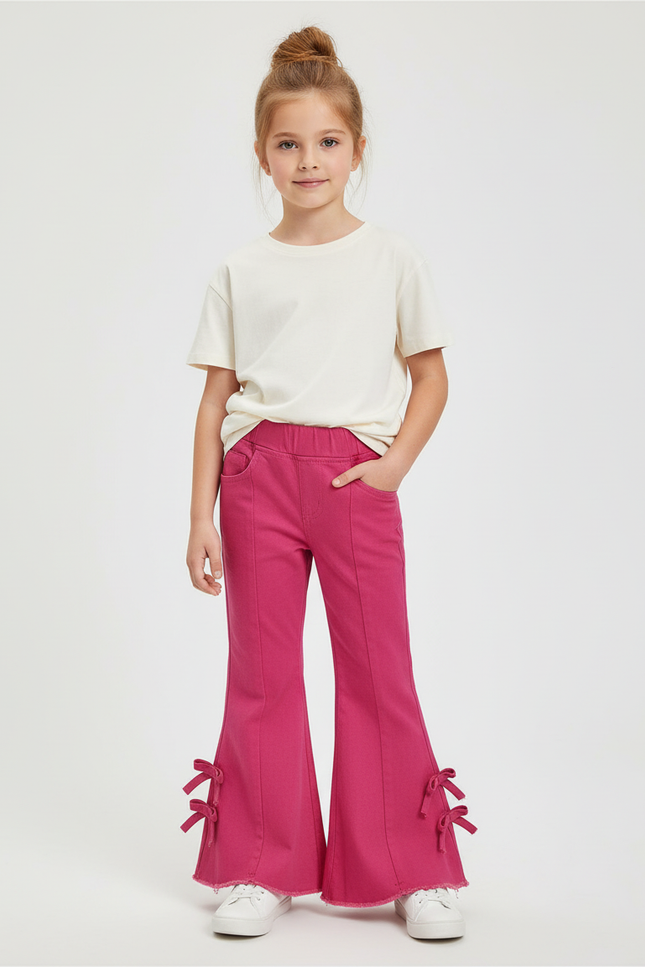 Pantalon Chino Rose Fille Évasé Nœuds Coton