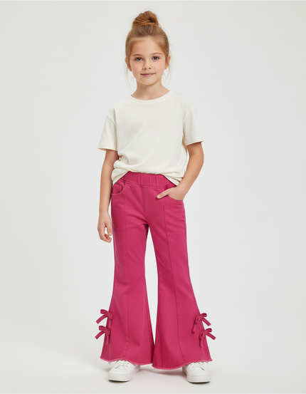 Pantalon Chino Rose Fille Évasé Nœuds Coton