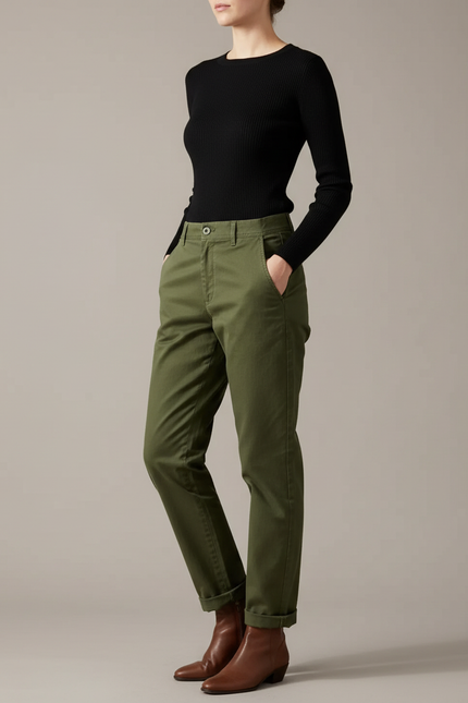 Pantalon Chino Vert Olive Coupe Droite Décontracté Femme - Kaki Gabardine