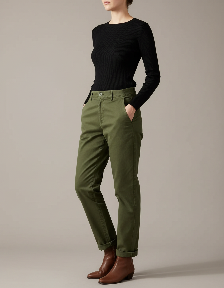 Pantalon Chino Vert Olive Coupe Droite Décontracté Femme - Kaki Gabardine