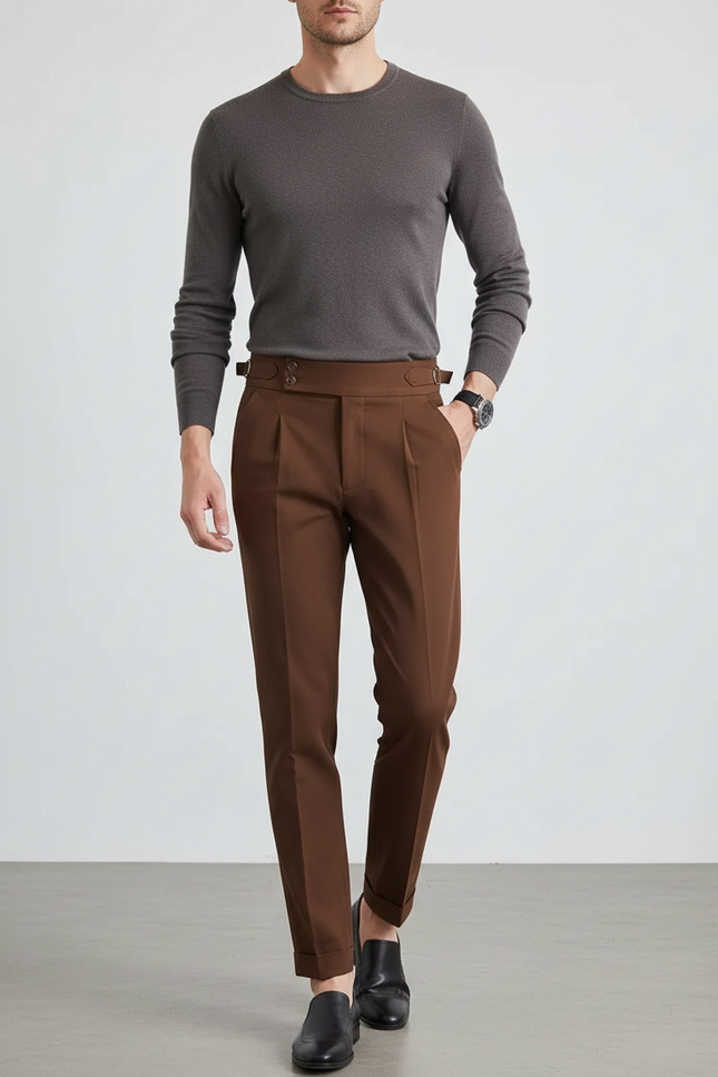 Pantalon Chino Marron Élégant Plissé Décontracté Homme - Gabardine
