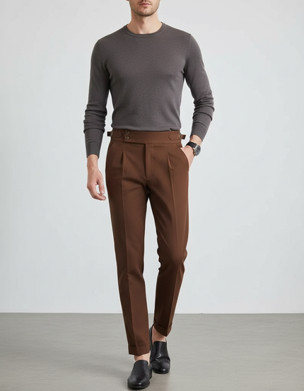 Pantalon Chino Marron Élégant Plissé Décontracté Homme - Gabardine