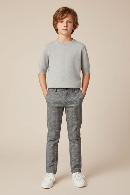 Pantalon Chino Carreaux Gris Slim Garçon Élégant - Laine