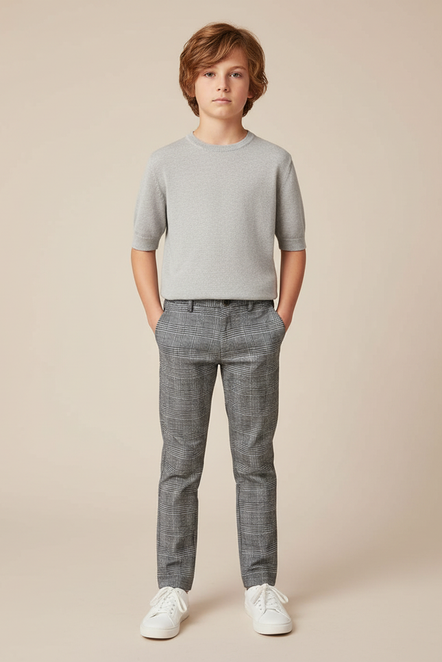 Pantalon Chino Carreaux Gris Slim Garçon Élégant - Laine