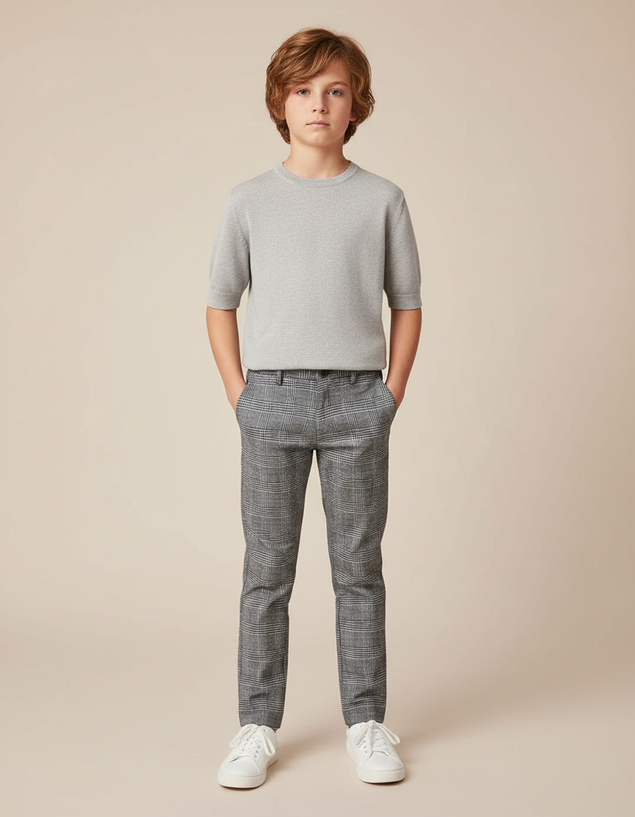 Pantalon Chino Carreaux Gris Slim Garçon Élégant - Laine