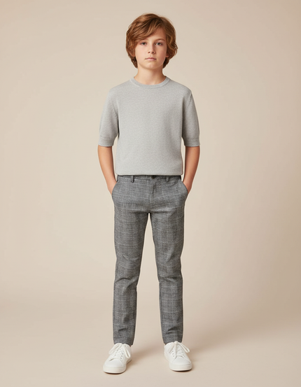 Pantalon Chino Carreaux Gris Slim Garçon Élégant - Laine