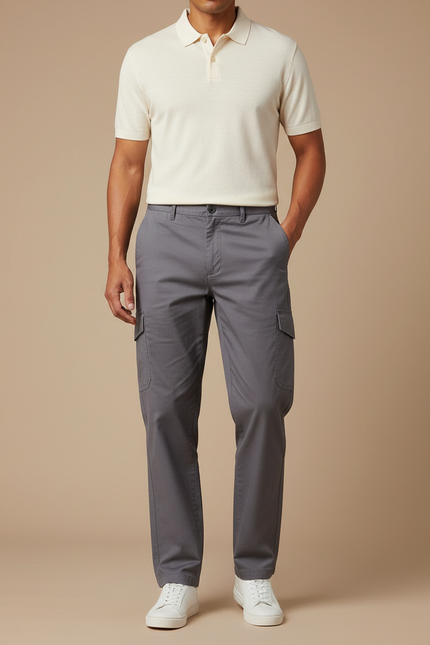 Pantalon Chino Gris Coton Cargo Droit Homme Décontracté