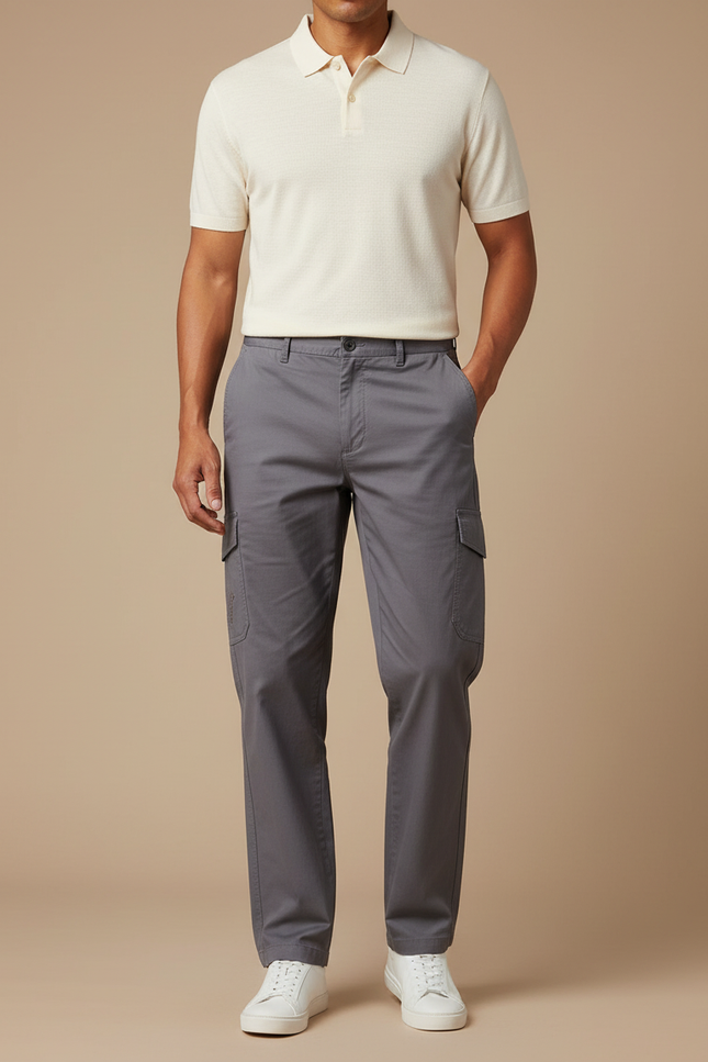Pantalon Chino Gris Coton Cargo Droit Homme Décontracté