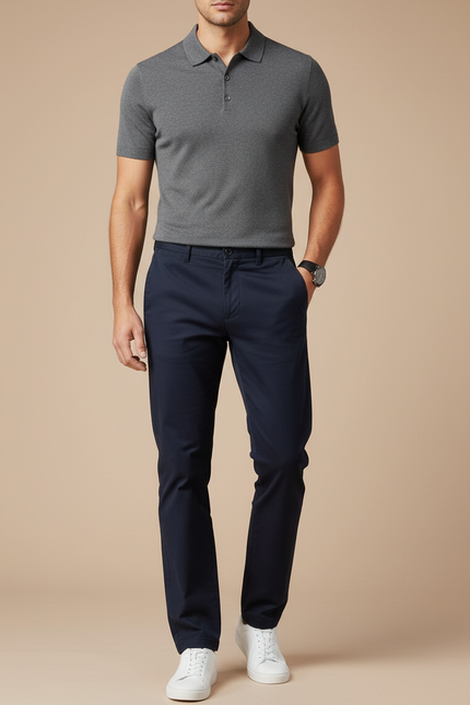 Pantalon Chino Bleu Marine Coton Stretch Décontracté Homme