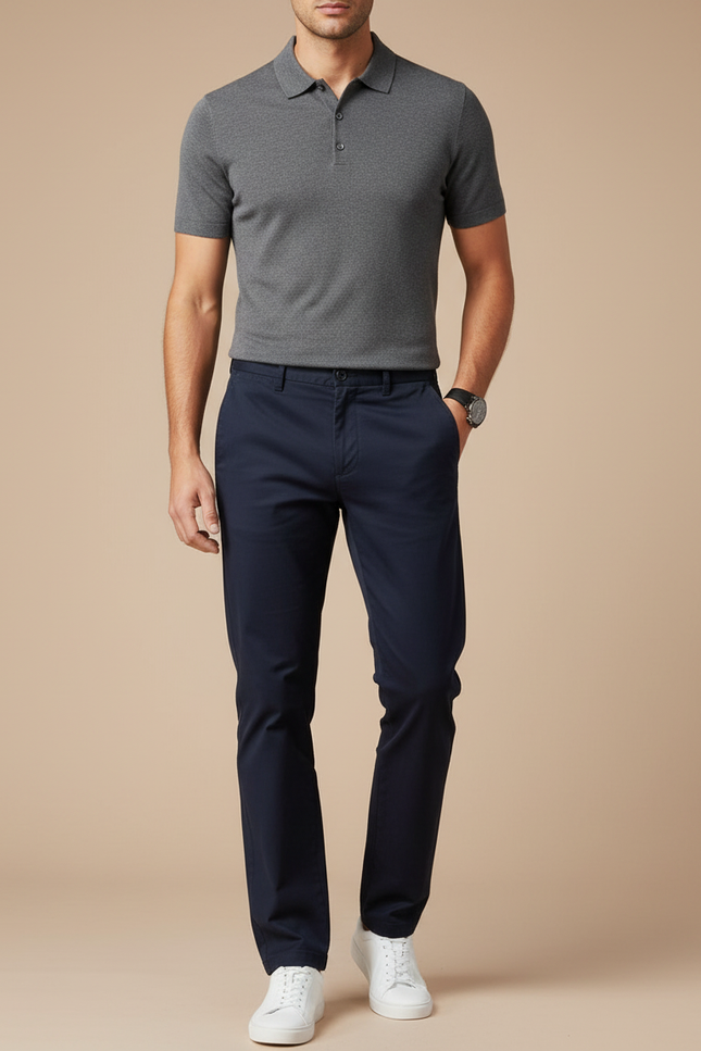 Pantalon Chino Bleu Marine Coton Stretch Décontracté Homme