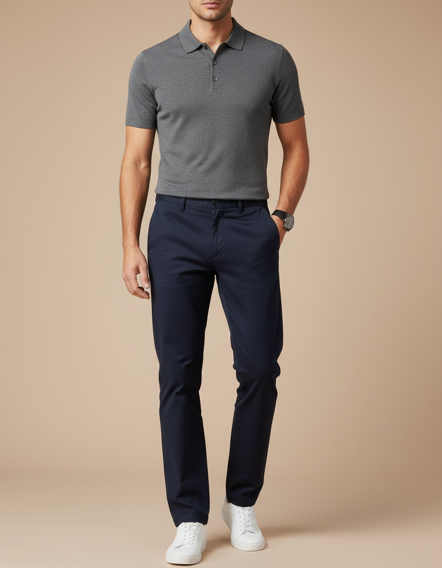 Pantalon Chino Bleu Marine Coton Stretch Décontracté Homme