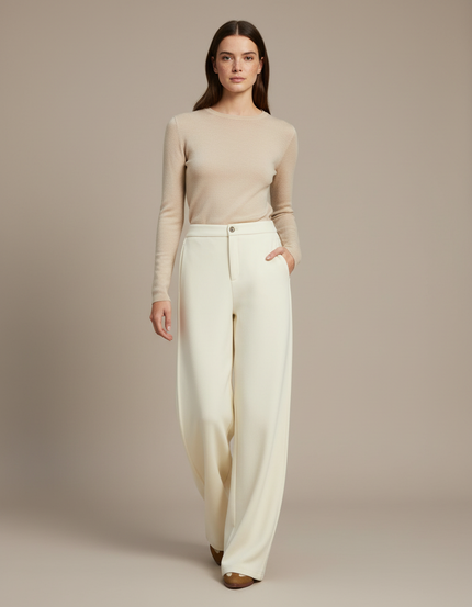 Pantalon Chino Beige Ample Laine Acétate Épais Hiver