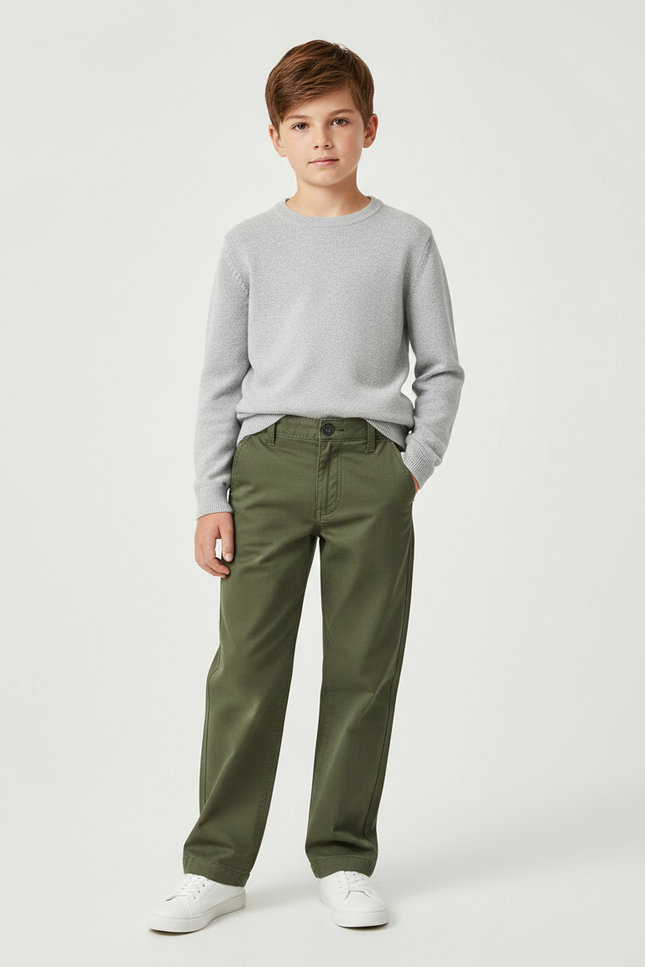 Pantalon Chino Vert Olive Coton Ample Garçon Décontracté - Kaki