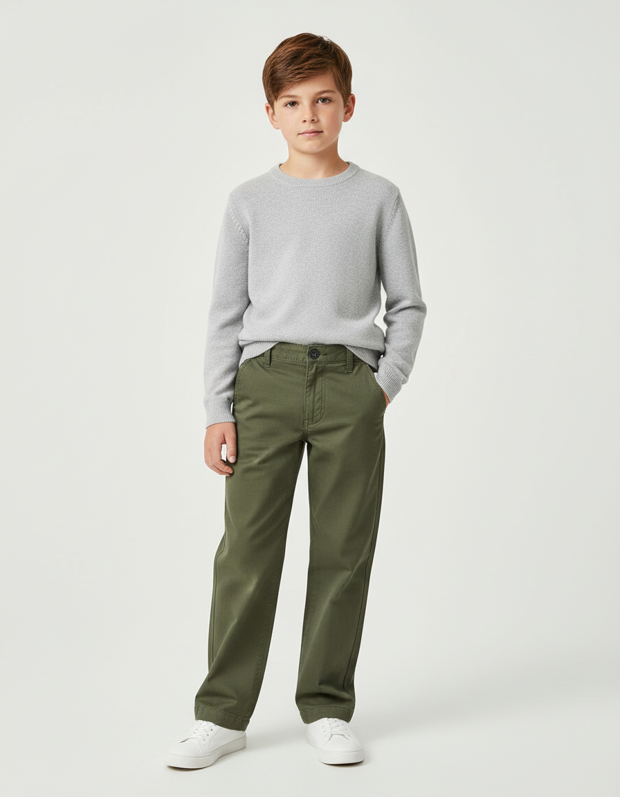 Pantalon Chino Vert Olive Coton Ample Garçon Décontracté - Kaki