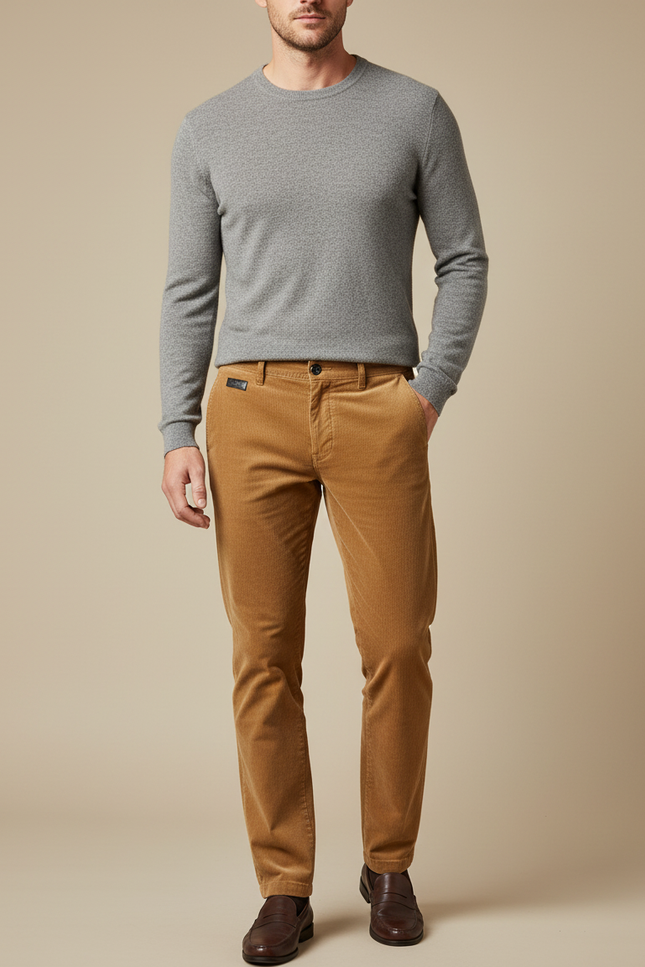 Pantalon Chino Velours Côtelé Marron Coupe Droite Homme