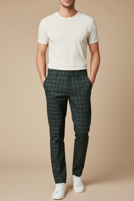 Pantalon Chino Carreaux Vert Slim Élégant Formel - Laine