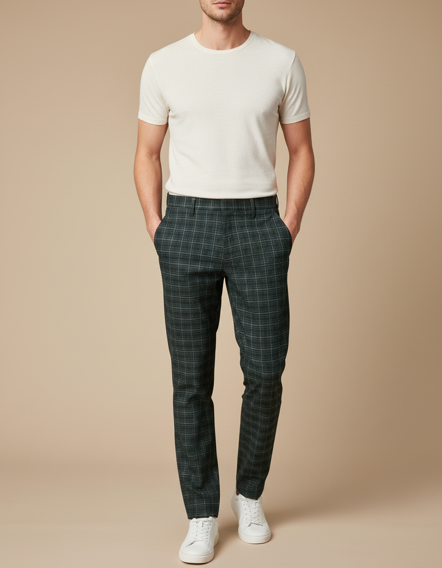 Pantalon Chino Carreaux Vert Slim Élégant Formel - Laine
