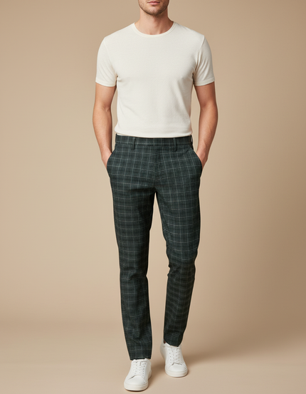Pantalon Chino Carreaux Vert Slim Élégant Formel - Laine