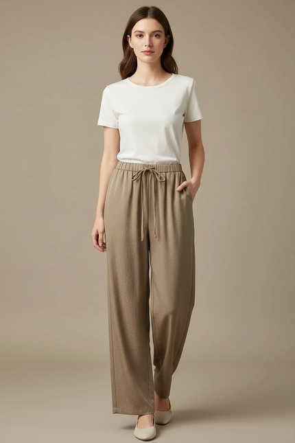 Pantalon Chino Kaki Fluide Taille Haute Décontracté - Viscose