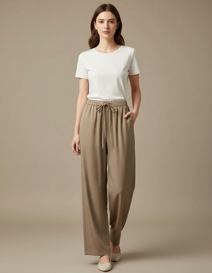 Pantalon Chino Kaki Fluide Taille Haute Décontracté - Viscose