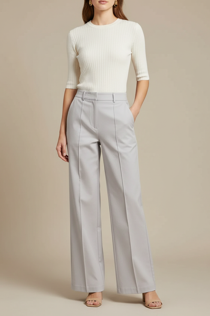 Pantalon Chino Gris Clair Fluide Large Élégant - Gabardine