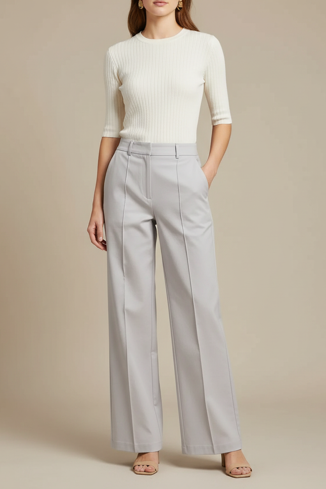Pantalon Chino Gris Clair Fluide Large Élégant - Gabardine