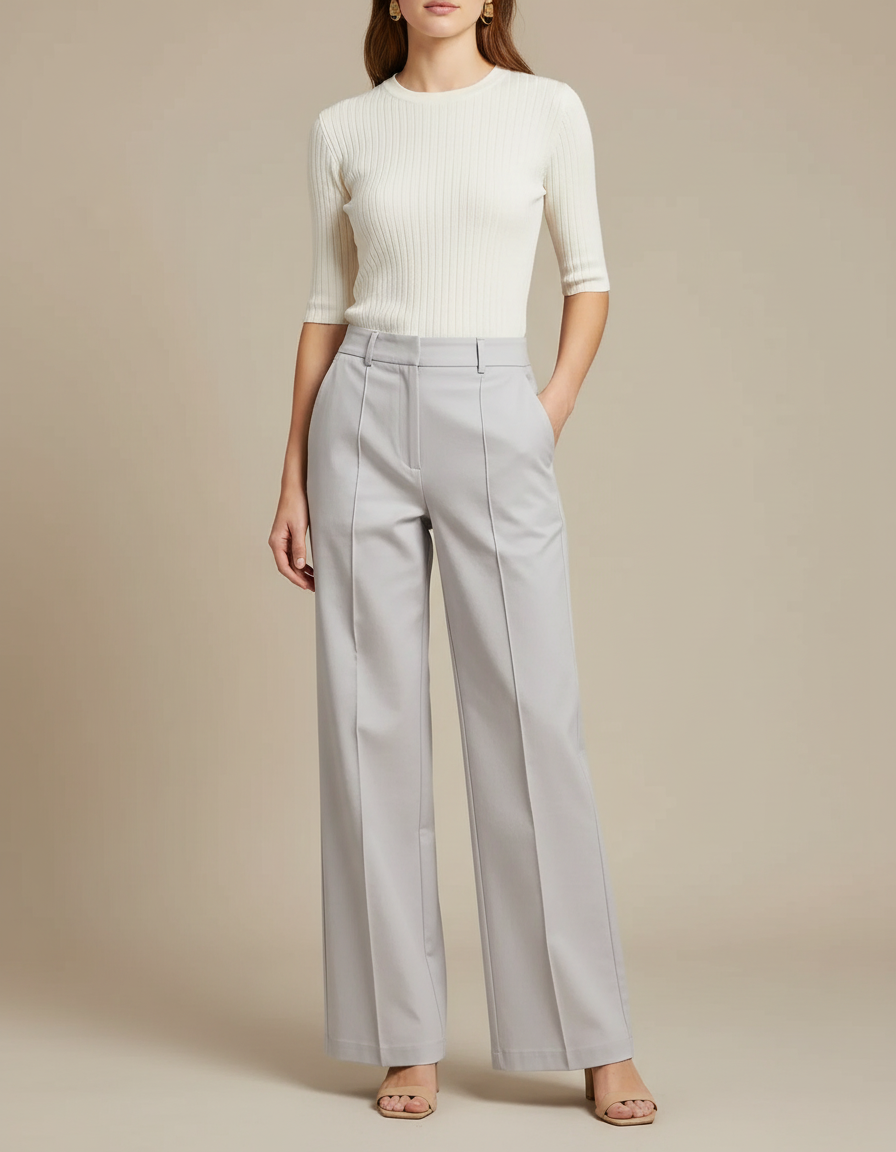 Pantalon Chino Gris Clair Fluide Large Élégant - Gabardine
