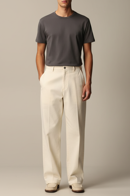 Pantalon Chino Beige Ample Coton Décontracté Homme